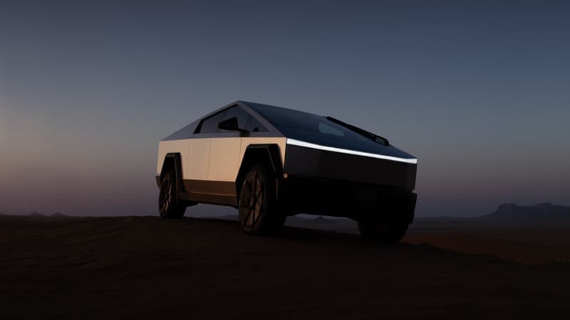 Tesla Cybertruck on a hillside road