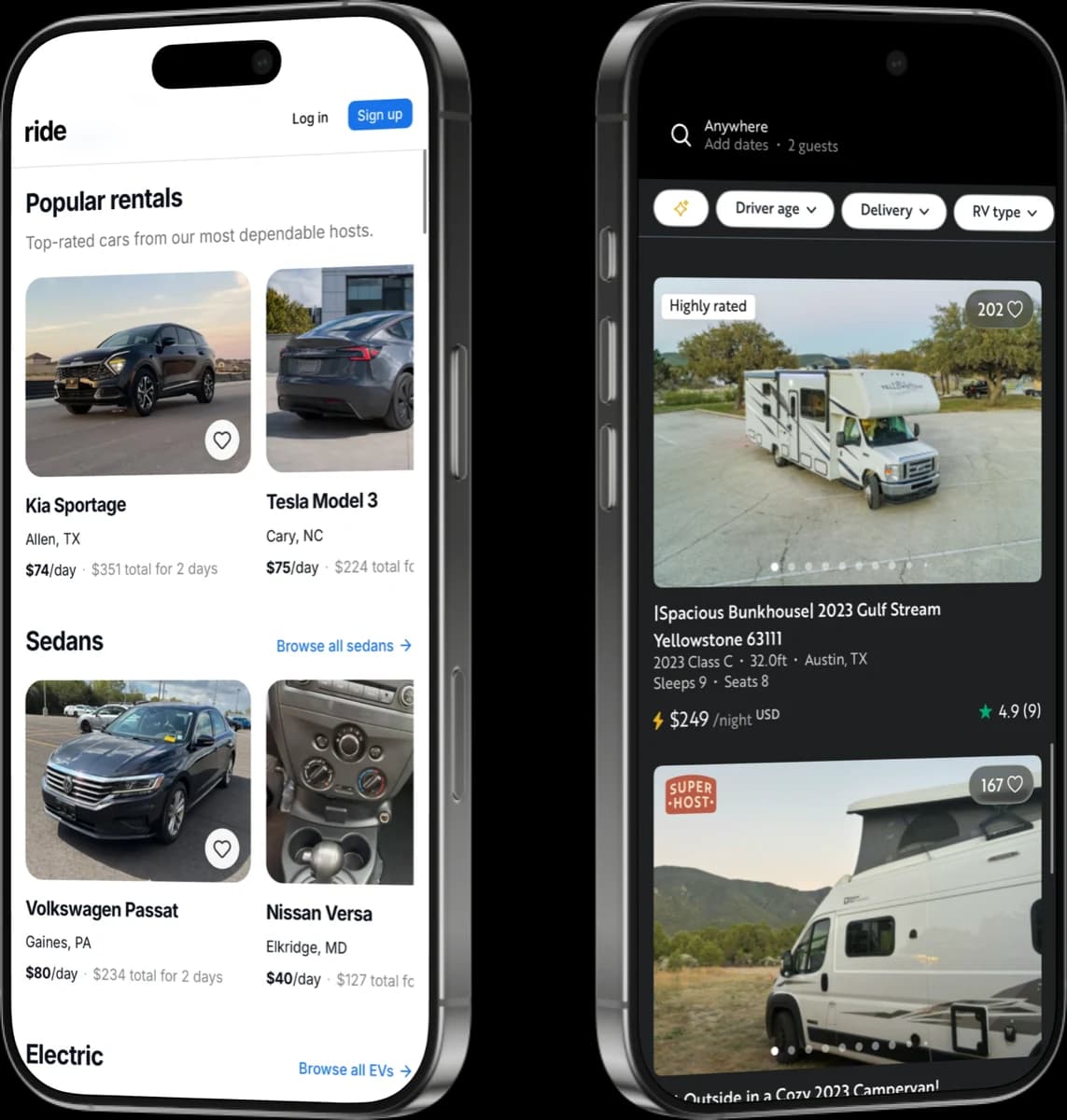 Wheelbase fleet listings shown in the ride.cars and Outdoorsy mobile apps